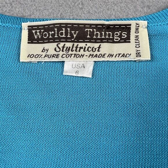 Worldly Things By‎ Styltricot Knit Blouse Shirt Womens 6 Light Blue Short Sleeve - Picture 11 of 16